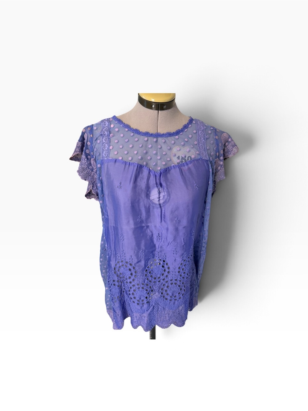 Johnny Was 4 Love and Liberty Swiss Dot and Embroidered Lace Silk Blouse